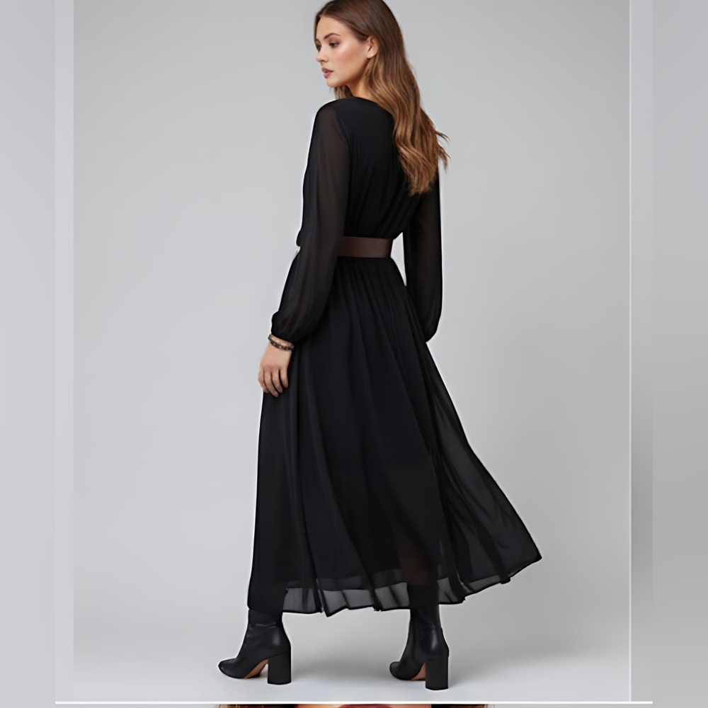 LAST ONE 🔥 Black Floral Embroidery Lantern Sleeve Dress Without Belt - Picture 4 of 9